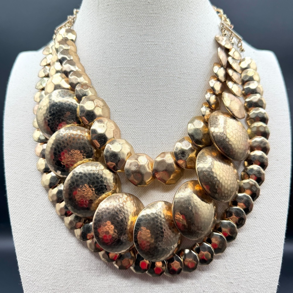 Gold Tone Hammered Disc Multi Strand Statement Bib Necklace Bold Chunky Layered
